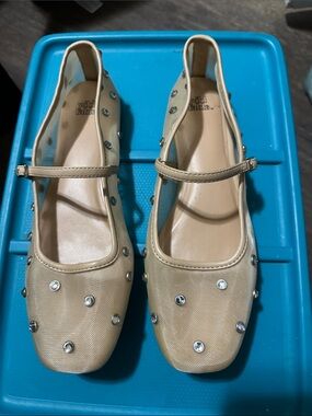 Studded Mary Jane Flats in Beige
